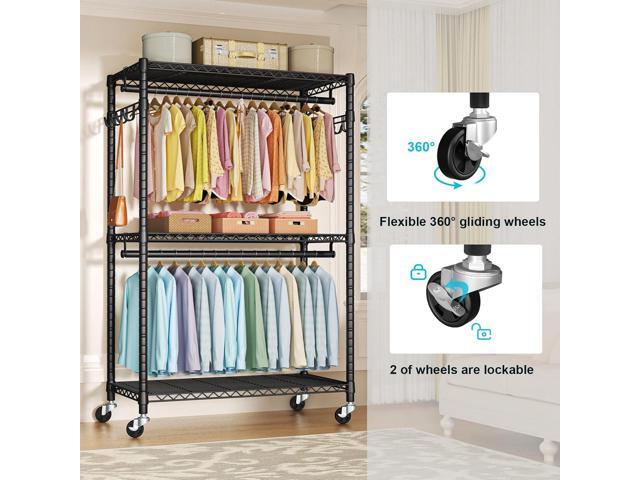 P1 Plus Rolling Clothes Rack, 22mm Diameter Heavy Duty Garment Rack with Wheels, Portable Closet Wardrobe with Double Rods, 45' W x 17.7' D x 80.5'...