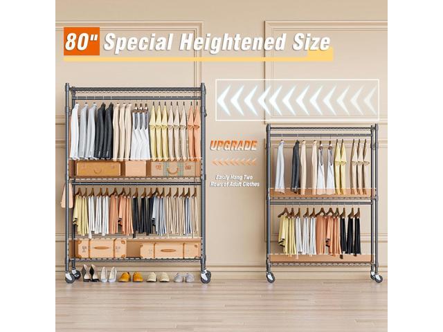 Homdox Heavy Duty Rolling Clothing Rack, Adjustable Garment Rack with 3 Tier Storage Shelves, Freestanding Closet Wardrobe for Hanging Clothes with...