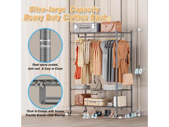 Homdox Heavy Duty Rolling Clothing Rack, Adjustable Garment Rack with 3 Tier Storage Shelves, Freestanding Closet Wardrobe for Hanging Clothes with...
