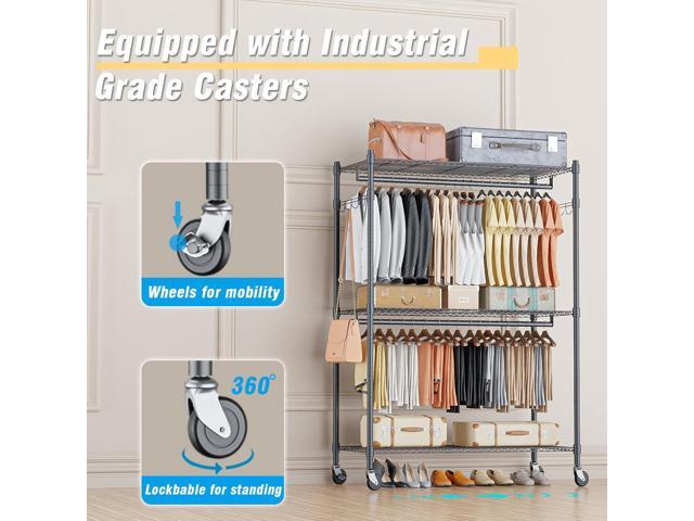 Homdox Heavy Duty Rolling Clothing Rack, Adjustable Garment Rack with 3 Tier Storage Shelves, Freestanding Closet Wardrobe for Hanging Clothes with...