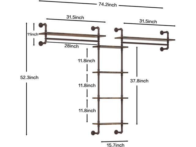 Helsin 5-Tiers 74inch Large Rustic Industrial Pipe Floating Shelving, Wall Mounted Heavy Duty Clothes Rack with Double Hanging Rods Display Storage...