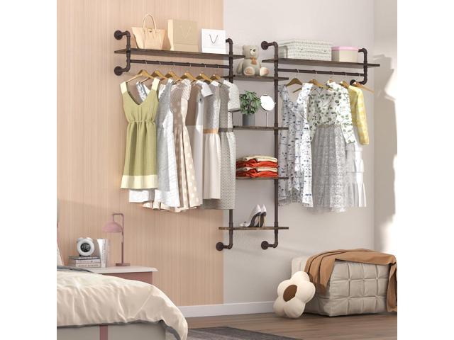 Helsin 5-Tiers 74inch Large Rustic Industrial Pipe Floating Shelving, Wall Mounted Heavy Duty Clothes Rack with Double Hanging Rods Display Storage...