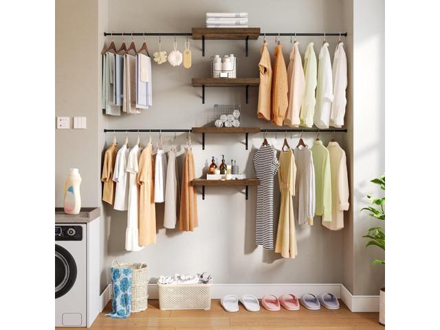 DWVO Closet Organizer System, Wall-Mounted Garment Rack Walk In Closet System, 4 Expandable Hanger Rods 4-Tier Wood Closet Storage Shelves with...