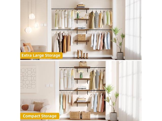 DWVO Closet Organizer System, Wall-Mounted Garment Rack Walk In Closet System, 4 Expandable Hanger Rods 4-Tier Wood Closet Storage Shelves with...