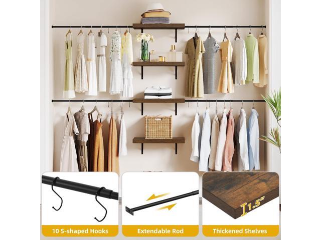 DWVO Closet Organizer System, Wall-Mounted Garment Rack Walk In Closet System, 4 Expandable Hanger Rods 4-Tier Wood Closet Storage Shelves with...