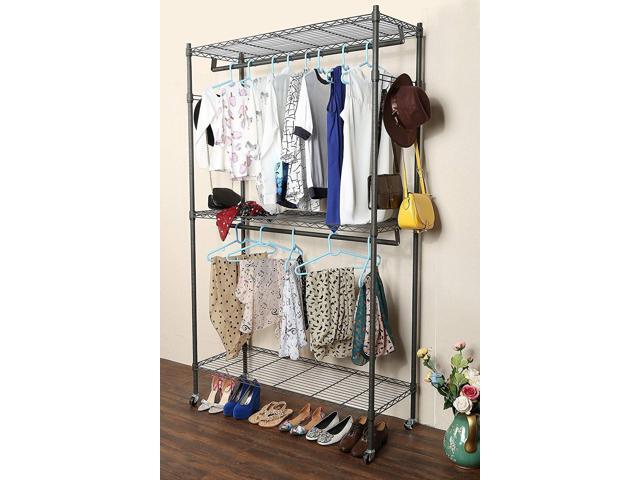 Himimi 3 Tier Heavy Duty Garment Rack, Portable Wire Shelving Clothes Rack for Hanging Clothing with Double Rods, Wheels and Side Hooks,...