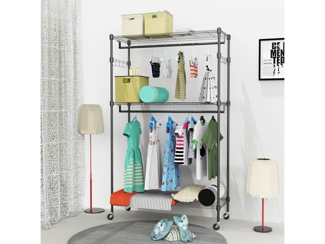 Himimi 3 Tier Heavy Duty Garment Rack, Portable Wire Shelving Clothes Rack for Hanging Clothing with Double Rods, Wheels and Side Hooks,...
