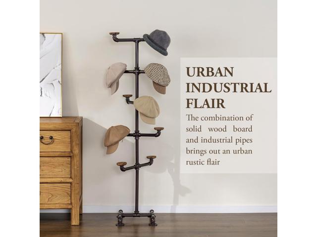 MyGift Industrial Dark Brown Metal Pipe Rack with 10 Round Rustic Burnt Wood Hat Hangers, Decorative Pipework Stand with Hooks for Hanging Hats or...
