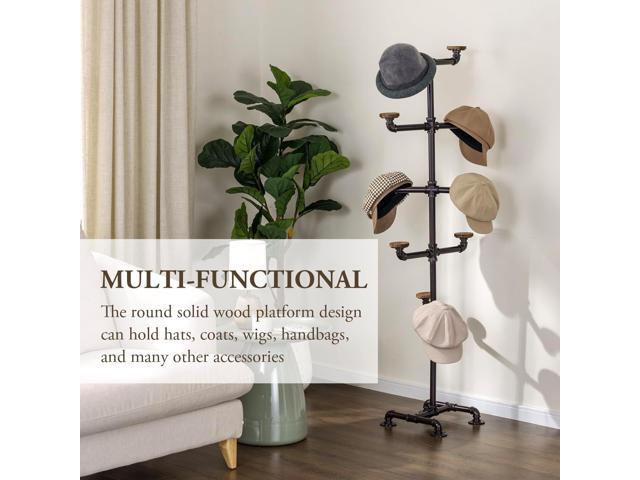 MyGift Industrial Dark Brown Metal Pipe Rack with 10 Round Rustic Burnt Wood Hat Hangers, Decorative Pipework Stand with Hooks for Hanging Hats or...
