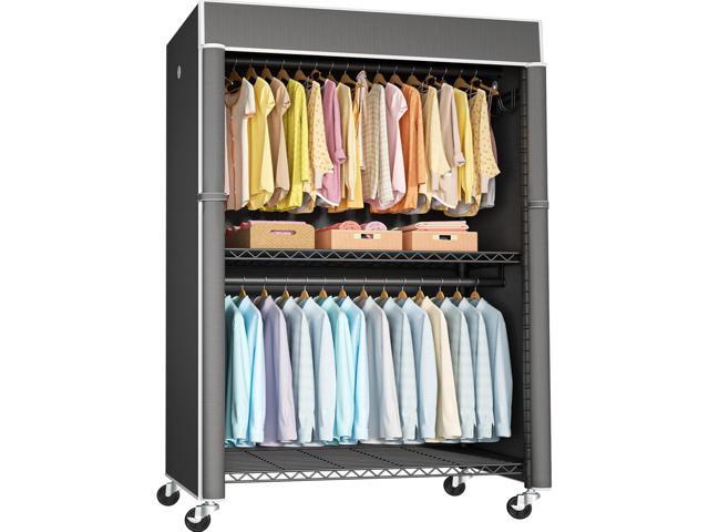 Black Clothing Rack with Dark Gray Cover, P1C Plus Rolling Closet with Wheels, Metal Garment Rack for Hanging Clothes, Clothing Storage Wardrobe,...