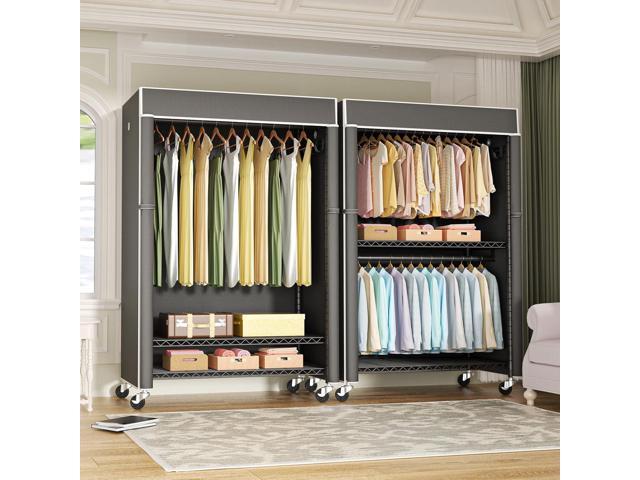 Black Clothing Rack with Dark Gray Cover, P1C Plus Rolling Closet with Wheels, Metal Garment Rack for Hanging Clothes, Clothing Storage Wardrobe,...