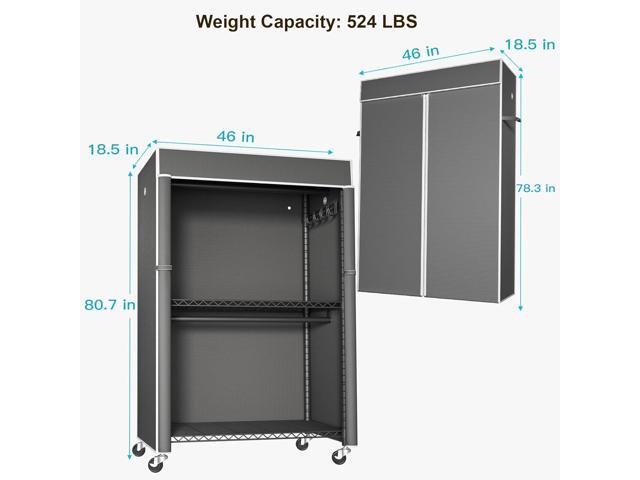 Black Clothing Rack with Dark Gray Cover, P1C Plus Rolling Closet with Wheels, Metal Garment Rack for Hanging Clothes, Clothing Storage Wardrobe,...