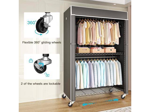 Black Clothing Rack with Dark Gray Cover, P1C Plus Rolling Closet with Wheels, Metal Garment Rack for Hanging Clothes, Clothing Storage Wardrobe,...