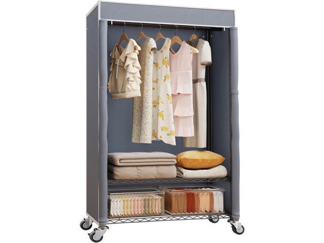 H4 Heavy Duty Clothes Rack with Cover, Rolling Garment Rack, Wardrobe with Cover and Wheels, Closet Organizer Shelf, Portable Closet Organizer and...