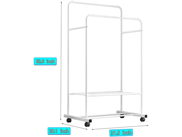 Clothing Garment Rack with Shelves, Upgraded Length Cloth Hanger Rack Stand on Wheels, Clothes Drying Rack with Two Rod(31.5inch White)