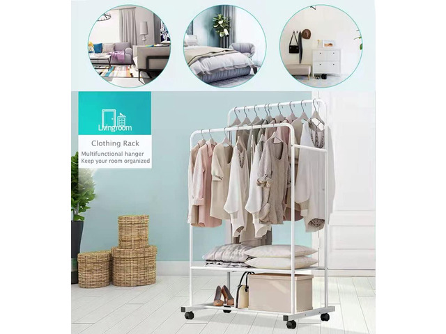 Clothing Garment Rack with Shelves, Upgraded Length Cloth Hanger Rack Stand on Wheels, Clothes Drying Rack with Two Rod(31.5inch White)