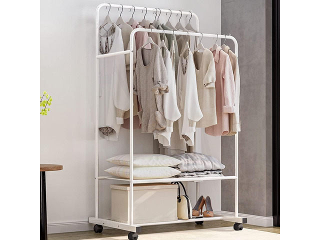 Clothing Garment Rack with Shelves, Upgraded Length Cloth Hanger Rack Stand on Wheels, Clothes Drying Rack with Two Rod(31.5inch White)