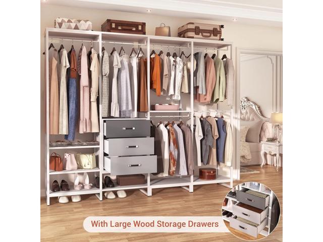 Aheaplus Wood Clothes Rack Wardrobe Closets for Hanging Clothes Heavy Duty Garment Rack, Large Corner L Shaped Closet System Organizer Walk-in...