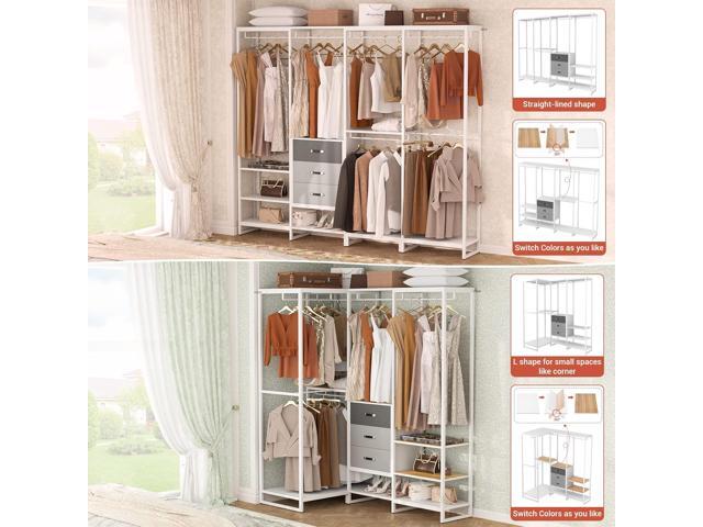 Aheaplus Wood Clothes Rack Wardrobe Closets for Hanging Clothes Heavy Duty Garment Rack, Large Corner L Shaped Closet System Organizer Walk-in...
