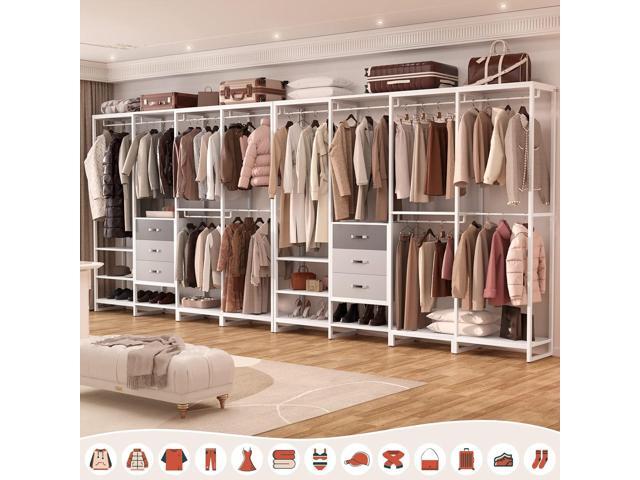 Aheaplus Wood Clothes Rack Wardrobe Closets for Hanging Clothes Heavy Duty Garment Rack, Large Corner L Shaped Closet System Organizer Walk-in...