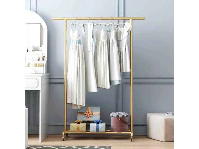 Industrial Pipe Clothing Rack, Heavy Duty Metal Clothes Rack With Wheels, Rolling Garment Rack with Bottom Shelf for Home Boutique Use (Gold)