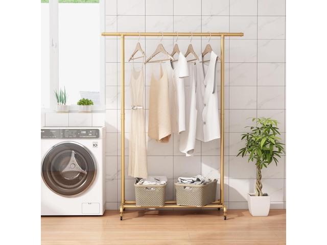 Industrial Pipe Clothing Rack, Heavy Duty Metal Clothes Rack With Wheels, Rolling Garment Rack with Bottom Shelf for Home Boutique Use (Gold)