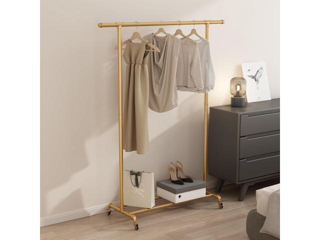 Industrial Pipe Clothing Rack, Heavy Duty Metal Clothes Rack With Wheels, Rolling Garment Rack with Bottom Shelf for Home Boutique Use (Gold)