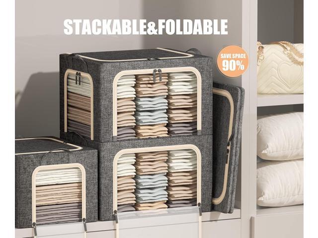 3 Openings Clothes Storage Bins with Metal Frame, Foldable Storage Bin for Clothes, Clothing Storage Bins with Lid, Linen Storage Box With Clear...