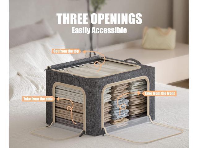 3 Openings Clothes Storage Bins with Metal Frame, Foldable Storage Bin for Clothes, Clothing Storage Bins with Lid, Linen Storage Box With Clear...