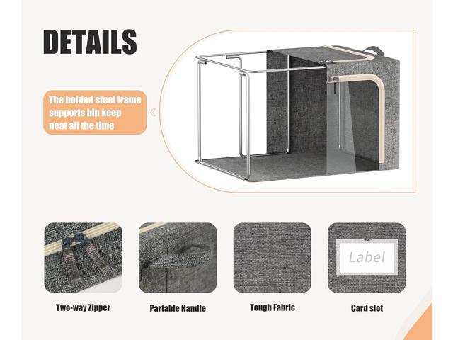 3 Openings Clothes Storage Bins with Metal Frame, Foldable Storage Bin for Clothes, Clothing Storage Bins with Lid, Linen Storage Box With Clear...