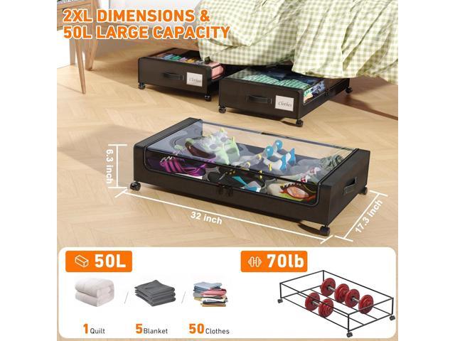 Under Bed Storage with Wheels, 2 Pack Under Bed Storage Containers with Dividers & Clear Lids, XXL 65L Under the bed storage Organizer Bins,...