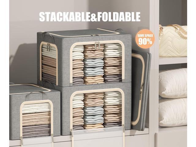 3 Openings Clothes Storage Bins with Metal Frame, Foldable Storage Bin for Clothes, Clothing Storage Bins with Lid, Linen Storage Box With Clear...