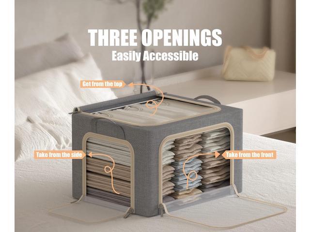 3 Openings Clothes Storage Bins with Metal Frame, Foldable Storage Bin for Clothes, Clothing Storage Bins with Lid, Linen Storage Box With Clear...