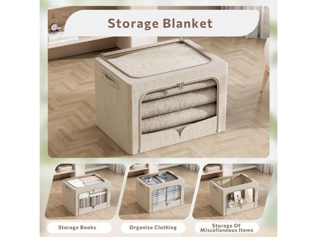 3 Pack Clothes Storage Bins Foldable Metal Frame Storage Box Stackable Linen Fabric Organizer Set with Carrying Handles and Clear Window (Beige,...