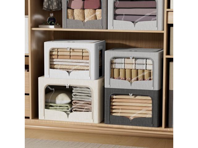 3 Pack Clothes Storage Bins Foldable Metal Frame Storage Box Stackable Linen Fabric Organizer Set with Carrying Handles and Clear Window (Beige,...