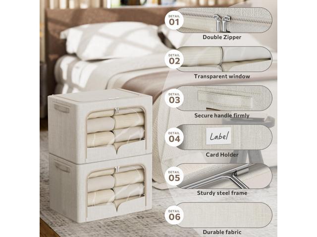 3 Pack Clothes Storage Bins Foldable Metal Frame Storage Box Stackable Linen Fabric Organizer Set with Carrying Handles and Clear Window (Beige,...