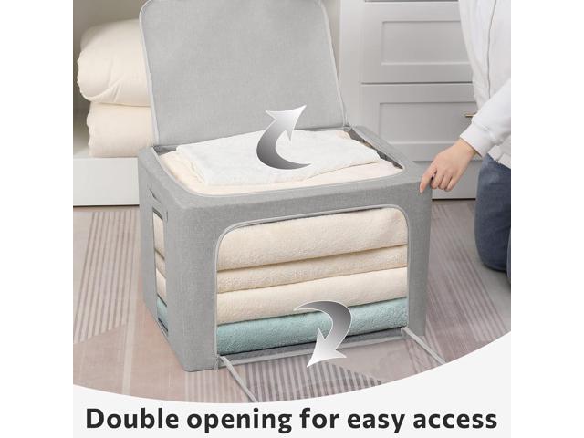 2 Pack Clear Window Storage Bins Stackable Linen Fabric Storage for Clothes Foldable Box Organizer Set with Carrying Handles(Light Gray, 15.7X...