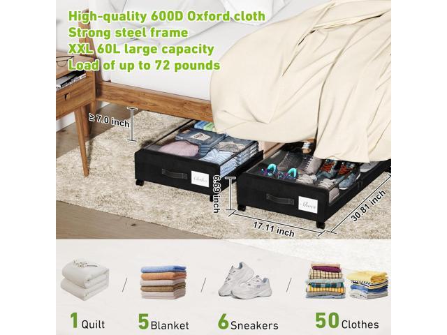 Under Bed Storage with Wheels, 2-Pack Under the Bed Storage Containers with Clear Lids & Label, Underbed Storage Bins, XXL 60L Rolling Metal Drawer...