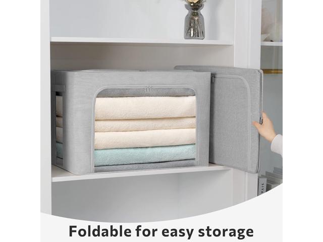 2 Pack Clothes Storage Bins Stackable Metal Frame Storage Box Foldable Linen Fabric Organizer with Carrying Handles and Clear Window (Light Gray,...