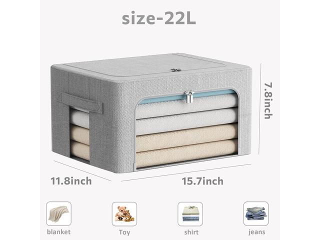 2 Pack Clothes Storage Bins Stackable Metal Frame Storage Box Foldable Linen Fabric Organizer with Carrying Handles and Clear Window (Light Gray,...