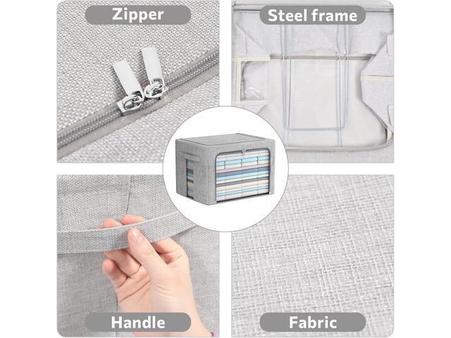 2 Pack Clothes Storage Bins Stackable Metal Frame Storage Box Foldable Linen Fabric Organizer with Carrying Handles and Clear Window (Light Gray,...