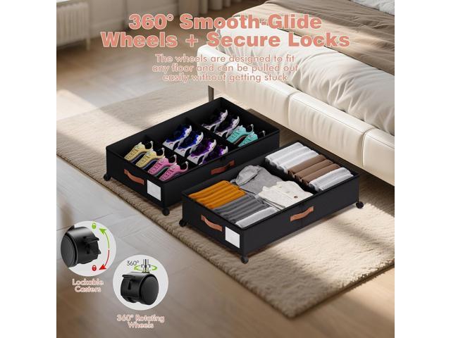 Under Bed Storage with Wheels - Rolling Underbed Containers with PVC Clear Lid & Dividers, 600D Oxford Fabric, PU Leather Handles, Adjustable Magic...