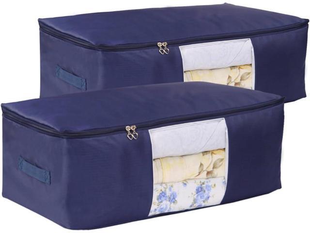 Blanket Storage Bags Pillow Bedspread Bedding Clothes Organizer Storage Containers With Zippers Breathable and Moistureproof. (Navy blue 2pcs, L)