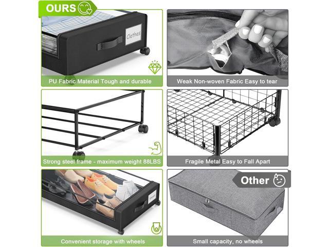 Under Bed Storage with Wheels, 2-Pack Under the Bed Storage Containers with Clear Lids & Label, Underbed Storage Bins, XXL 60L Rolling Metal Drawer...