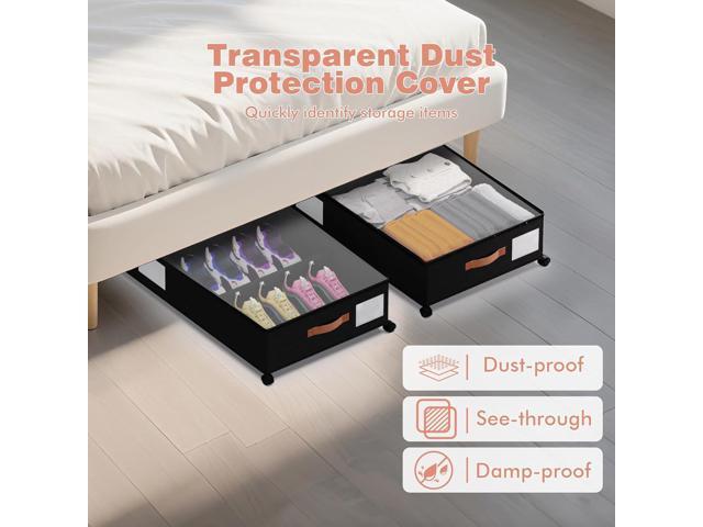 Under Bed Storage with Wheels - Rolling Underbed Containers with PVC Clear Lid & Dividers, 600D Oxford Fabric, PU Leather Handles, Adjustable Magic...