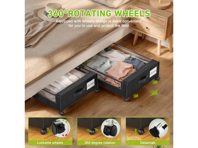 Under Bed Storage with Wheels, 2-Pack Under the Bed Storage Containers with Clear Lids & Label, Underbed Storage Bins, XXL 60L Rolling Metal Drawer...