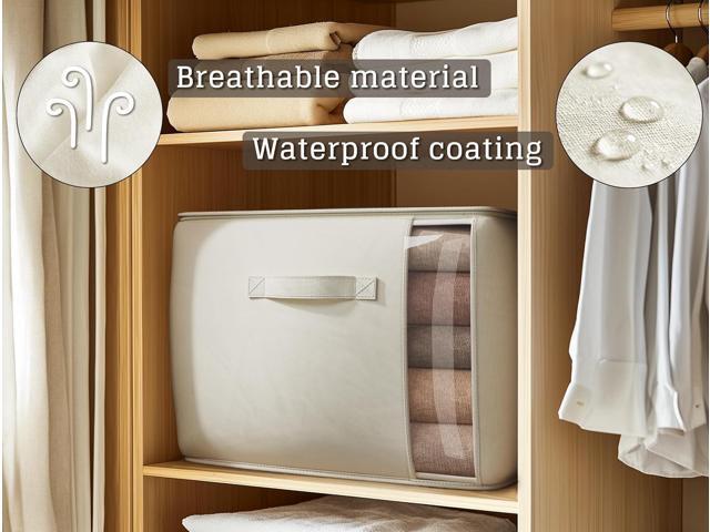 Large Canvas Clothes Storage Bags with Thick Handles and Clear Window, Foldable Cotton Linen Closet Organizer for Clothing, Blankets and Bedding,...