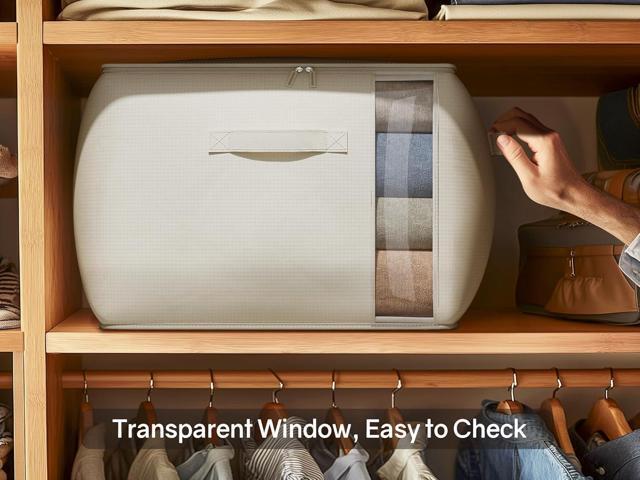 Large Canvas Clothes Storage Bags with Thick Handles and Clear Window, Foldable Cotton Linen Closet Organizer for Clothing, Blankets and Bedding,...