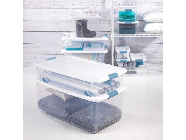 Sterilite 56 Qt Wheeled Latching Storage Box, Stackable Bin with Latch Lid, Plastic Container to Organize Shoes Underbed, Clear with White Lid, 4-Pack