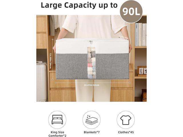 Reinforced LARGE Blanket Storage Baskets with Lids, 2 Packs Stackable Comforter Storage Bag with Clear Window & Handles, Clothes Organizer for...